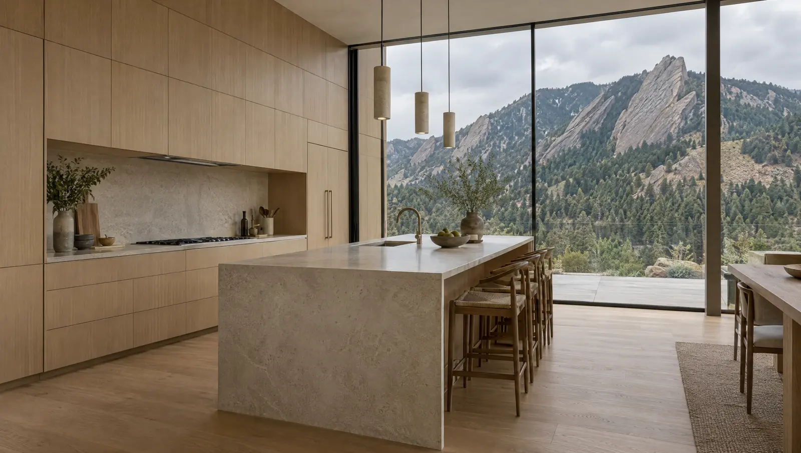 Concept modern Boulder kitchen with pale oak cabinetry, a honed limestone island and floor-to-ceiling glass facing slanted rock formations