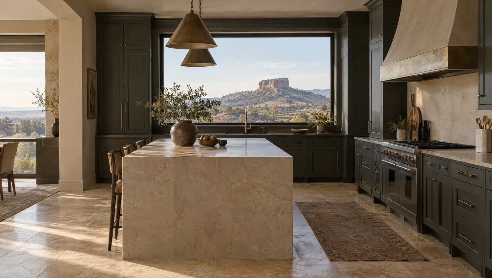 Concept kitchen in Castle Rock with charcoal cabinetry, a honed limestone island and a window view toward a flat-topped rock butte
