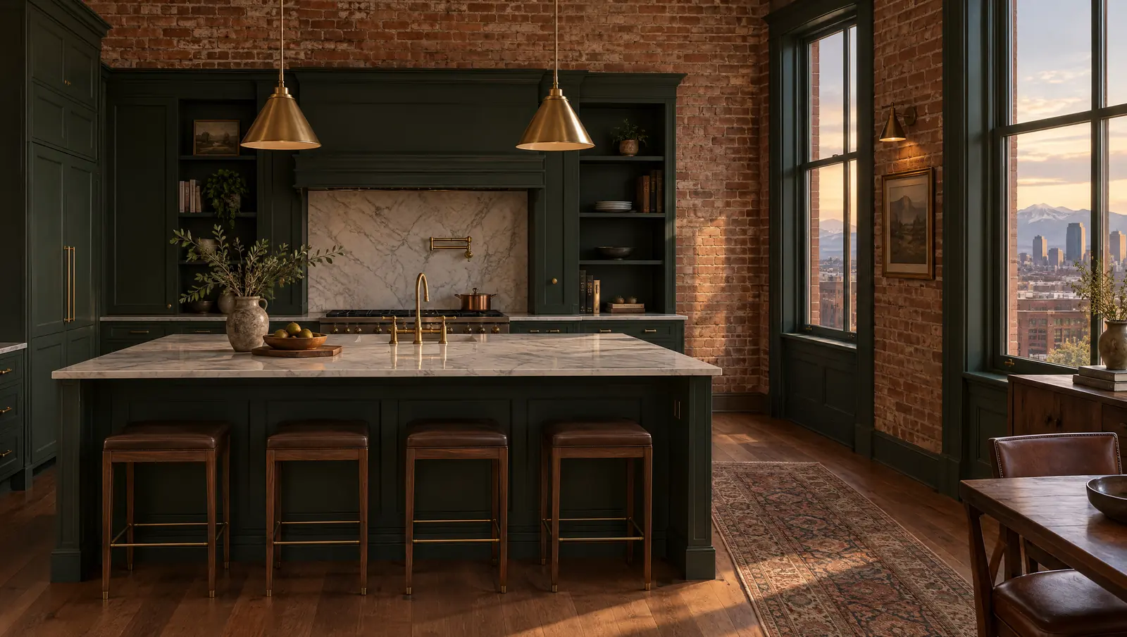 Concept Denver kitchen in an older brick home with an exposed brick wall, deep evergreen cabinetry and brass hardware