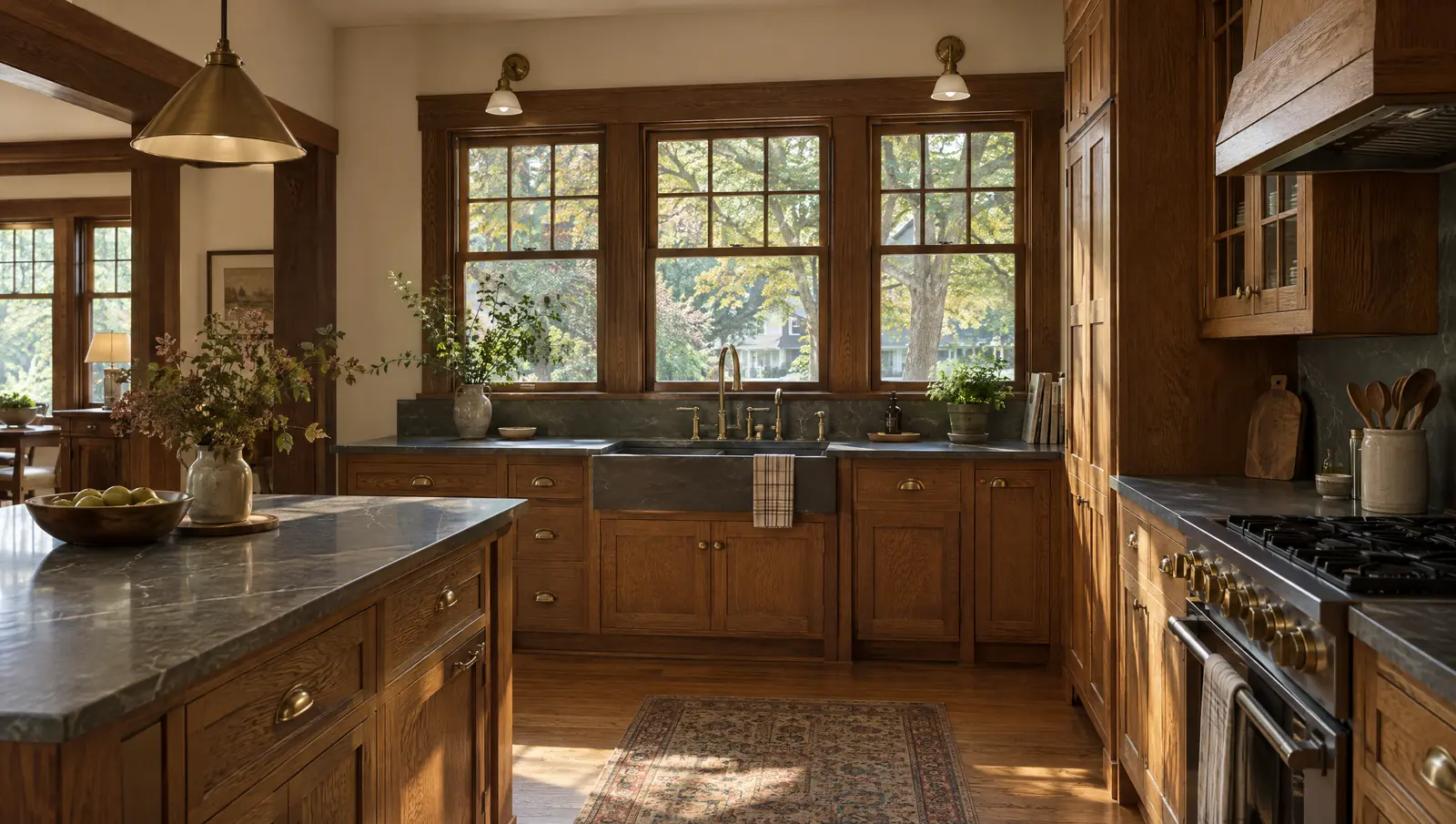 Concept restored Craftsman bungalow kitchen in Fort Collins with quarter-sawn oak cabinetry and aged brass hardware