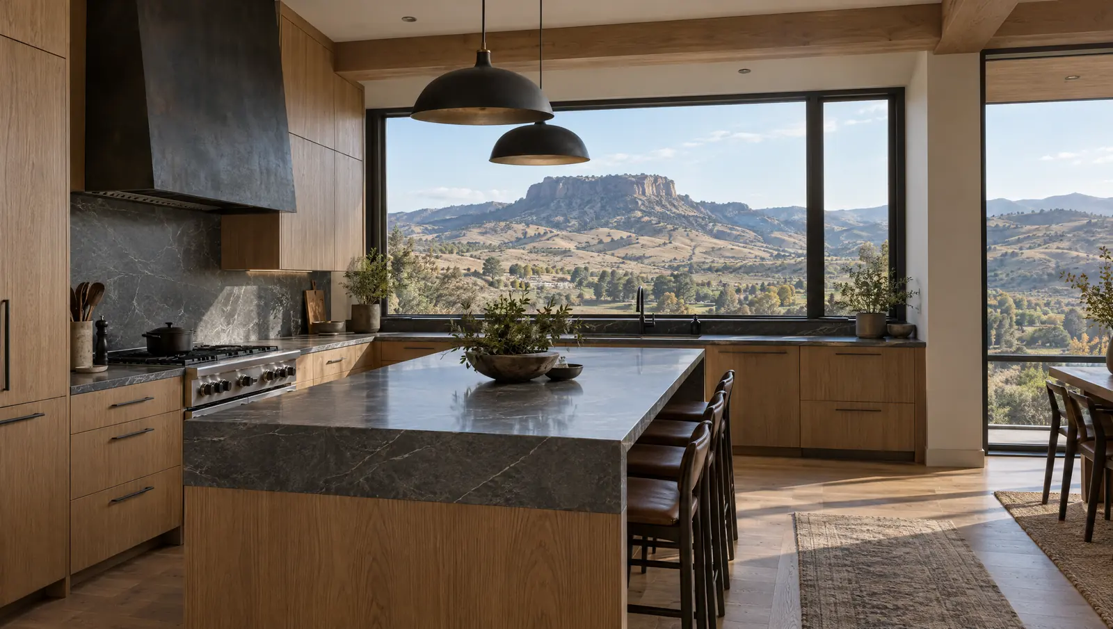 Concept foothills kitchen in Golden with rift oak cabinetry, a blackened steel hood and a view toward a flat-topped mesa