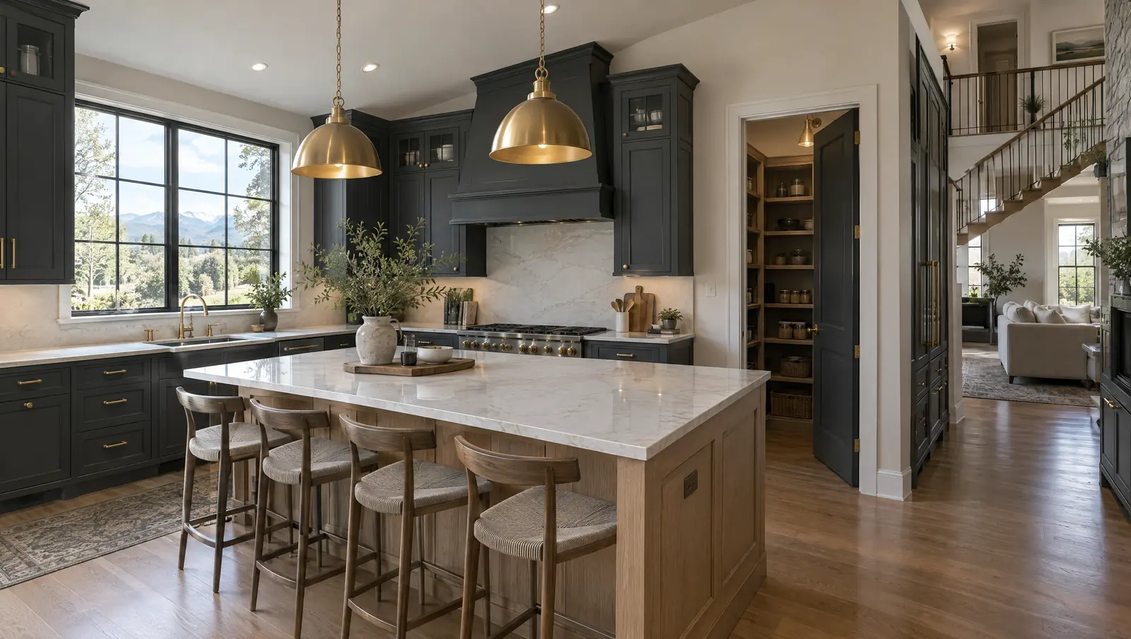 Concept remodeled kitchen in a Highlands Ranch home with painted charcoal cabinetry, a white oak island and brass pendants