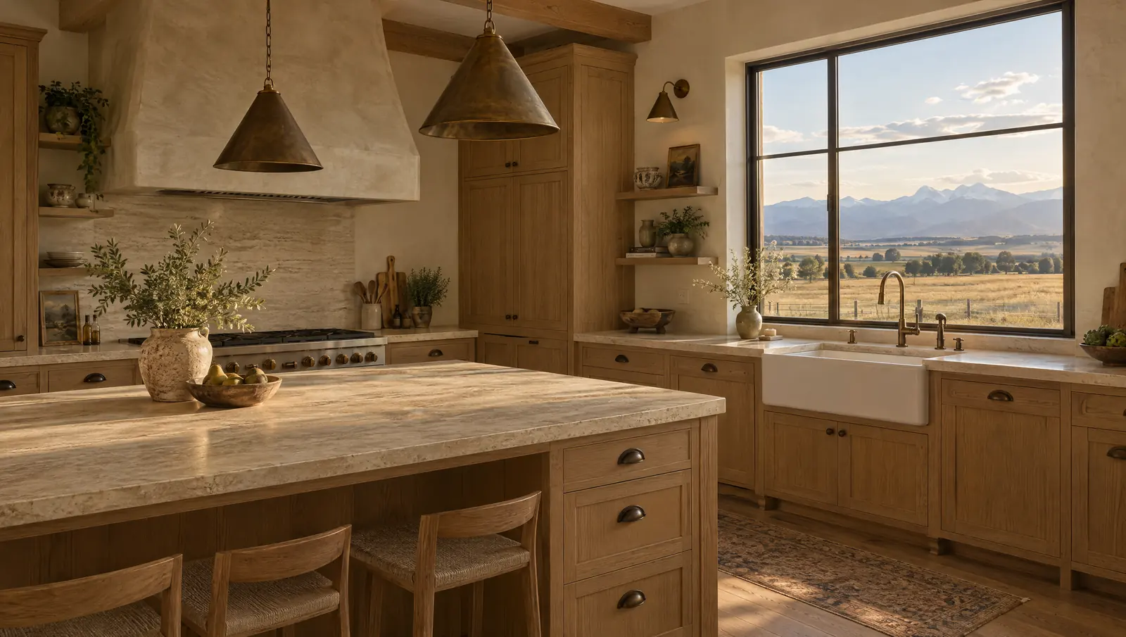 Concept modern farmhouse kitchen near Longmont with a limewash plaster hood, travertine counters and white oak cabinetry