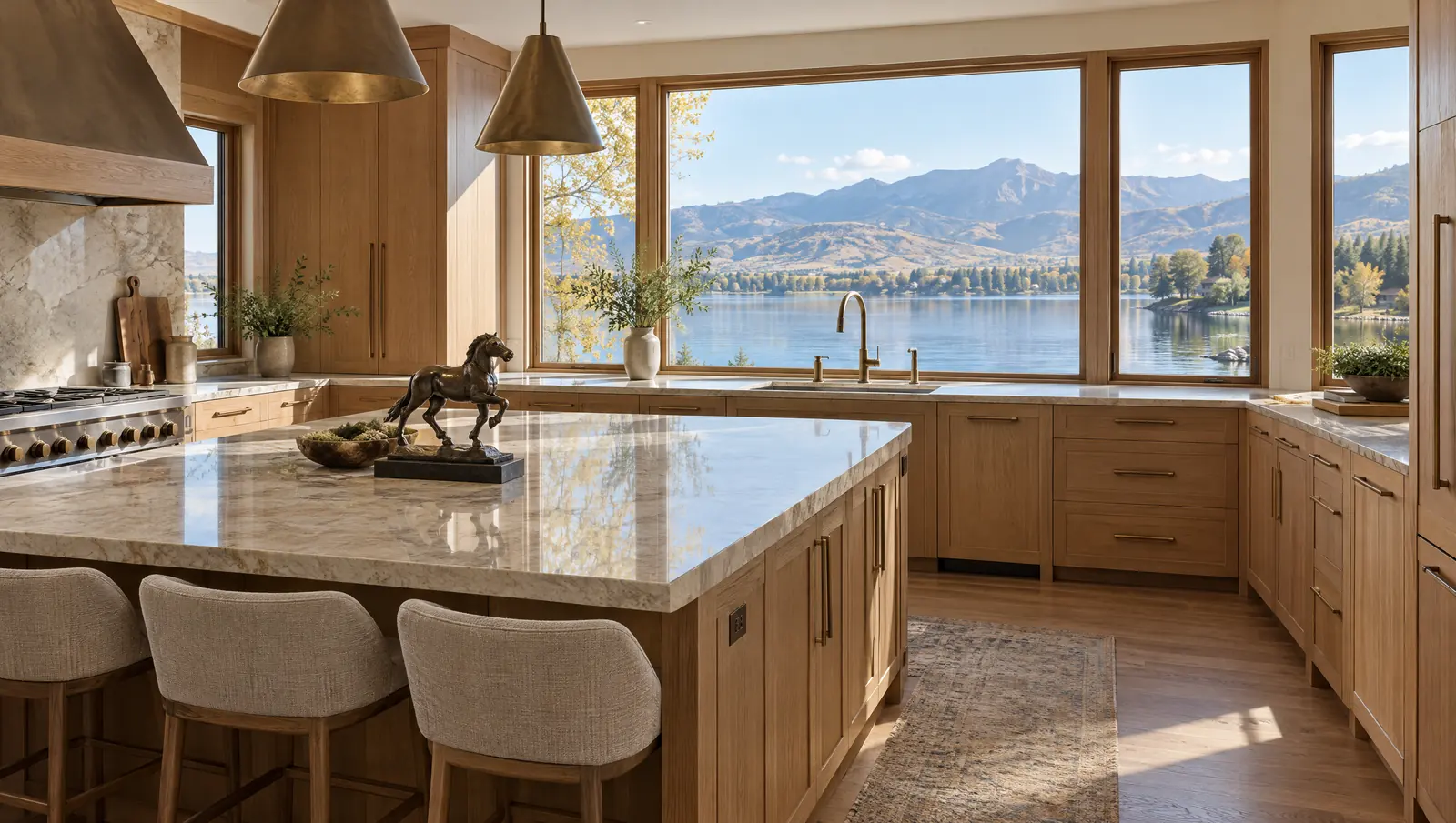 Concept lakeside kitchen in Loveland with light quartzite counters, warm oak cabinetry and a window view of a lake and foothills