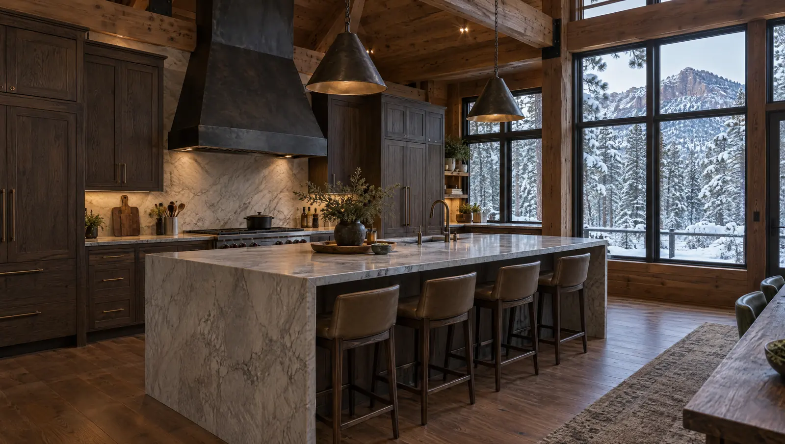 Concept kitchen in a timber-framed Monument home with dark-stained oak cabinetry, a marble island and snowy pines outside