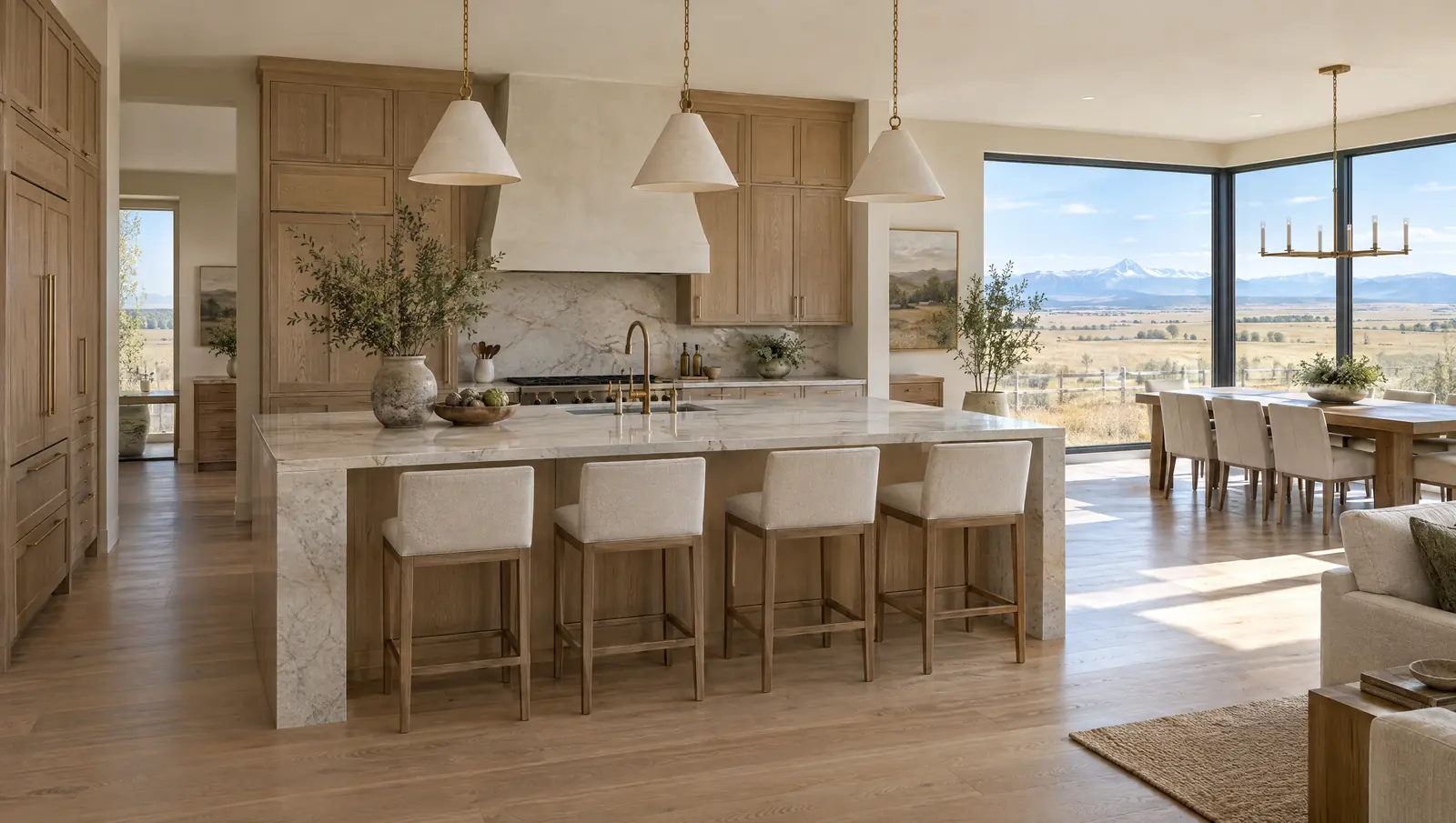 Concept open family kitchen in Parker with rift white oak cabinetry, a large quartzite island and prairie views