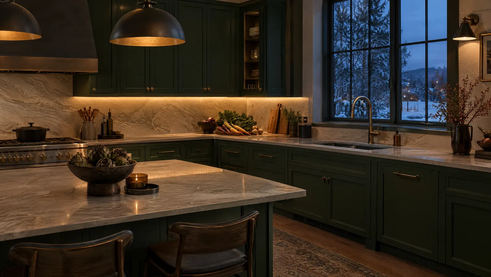 Evergreen kitchen at dusk with warm under-cabinet lighting across a stone backsplash and counter, bronze pendants above, snowy trees outside.